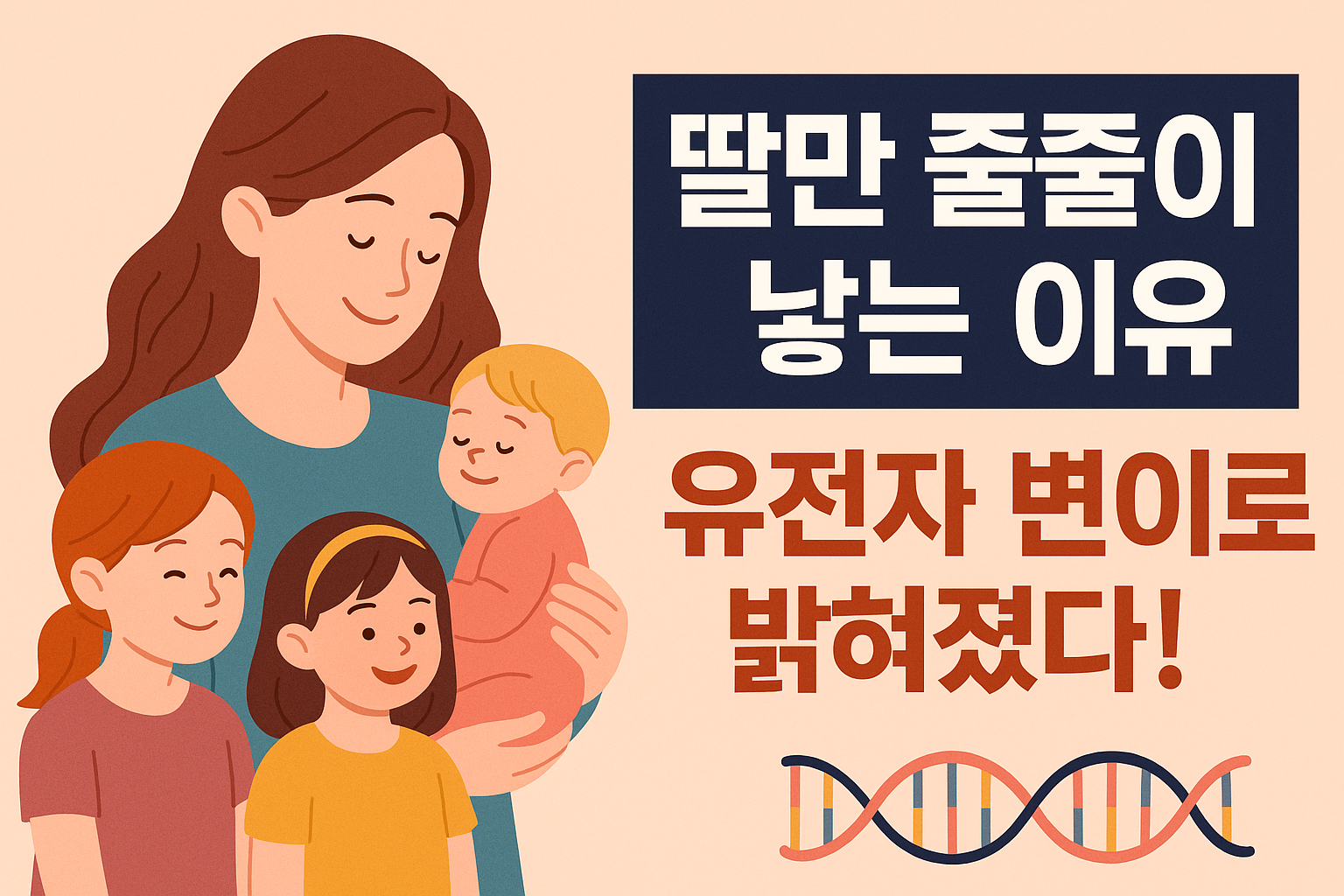 “엄마와 세 명의 딸이 함께 있는 가족 일러스트, 오른쪽에는 ‘딸만 줄줄이 낳는 이유 유전자 변이로 밝혀졌다!’라는 문구와 DNA 이미지가 함께 배치된 썸네일”