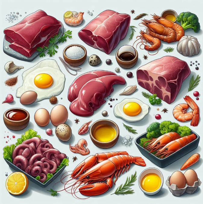 소간, 돼지간, 메추리알, 달걀노른자, 오징어, 새우 등이 포함된 콜레스테롤이 많은 식품 예시