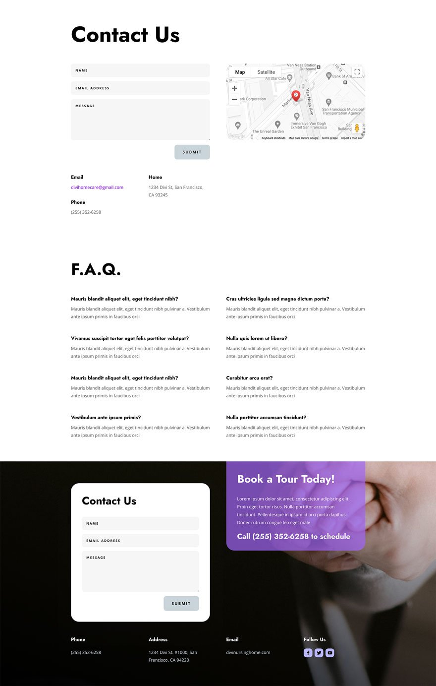 워드프레스 Divi 테마용 요양원 레이아웃 팩(Nursing Home Layout Pack) 디자인 레이아웃 - 문의 페이지