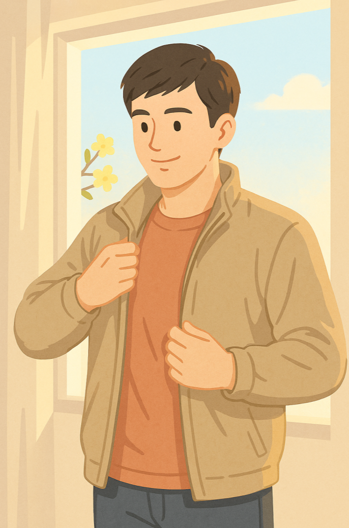 창문가에서 바람막이 겉옷을 걸치고 외출을 준비하는 남성의 모습