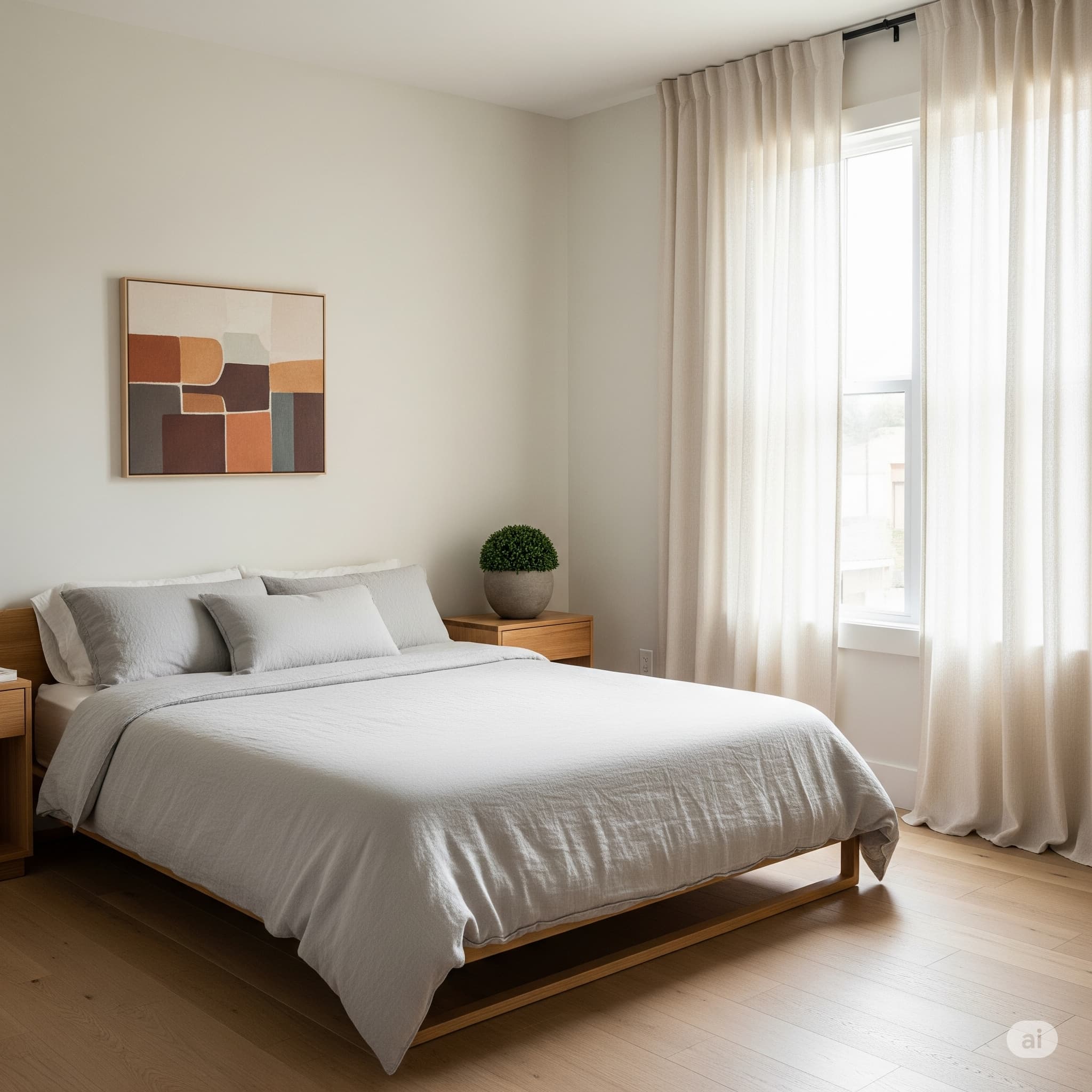 린넨 커튼과 우드톤 가구, 작은 화분이 어우러진 미니멀 인테리어 침실 (1)