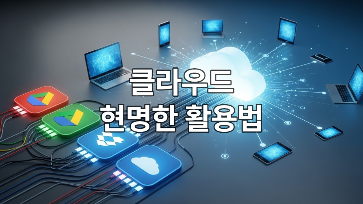 스마트폰, 노트북, 태블릿이 구글 드라이브, 드롭박스, 원드라이브 로고와 연결된 중앙 클라우드로 데이터를 주고받는 역동적인 디지털 일러스트. 데이터 관리와 접근성을 상징합니다.