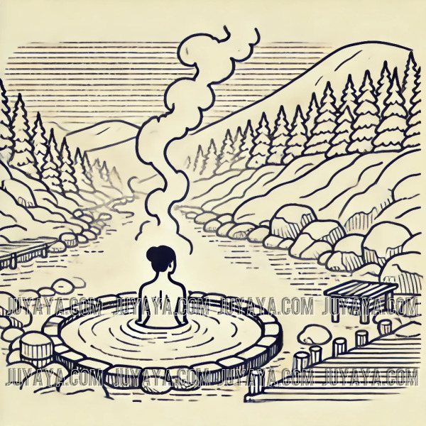 니가타 에치고유자와 노천탕에서 겨울 설경을 즐기는 사람, 따뜻한 온천수에서 피어오르는 김과 평온한 분위기