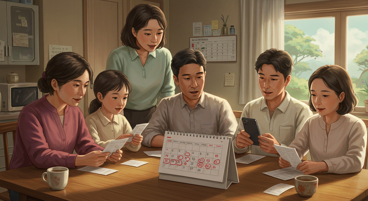 가족이 달력과 스마트폰을 보며 상생페이백 지급일을 확인하는 모습