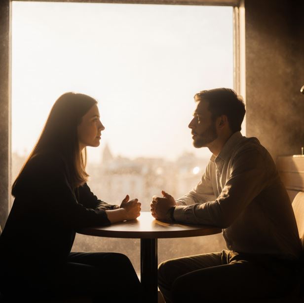 카페에서 두 사람이 마주 보며 진지하지만 편안하게 대화하는 모습