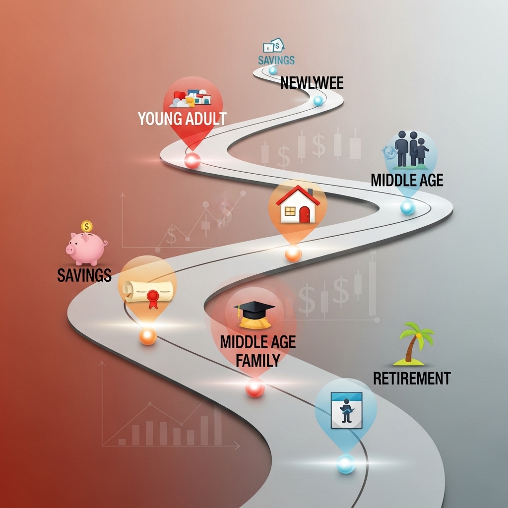 사회 초년생부터 은퇴 후까지, 각 인생 단계에 맞는 재정 목표와 재테크 전략이 표시된 밝은 색상의 로드맵 이미지. 저축, 주택, 교육, 은퇴 등 주요 재정 목표를 상징하는 아이콘이 단계별로 배치되어 있습니다.