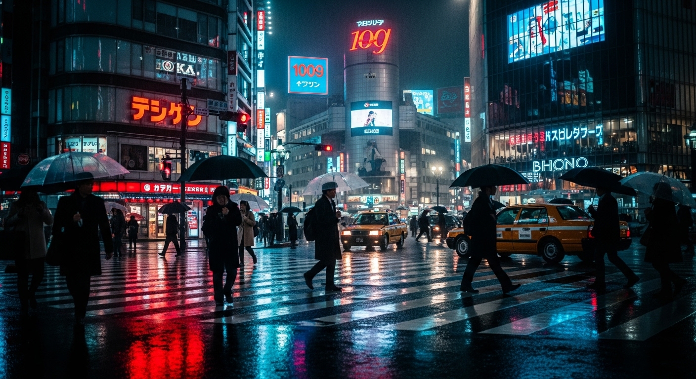 일본 도시의 영화적 밤 조명