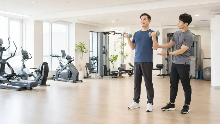 밝고 정돈된 한국의 현실적인 헬스장, 편안한 운동복을 입은 한국인 중년 성인 한 명이 가벼운 아령을 이용해 무리하지 않는 상체 근력운동을 하는 모습, 가까이에서 자세를 살펴보며 안내하는 단정한 트레이너 한 명