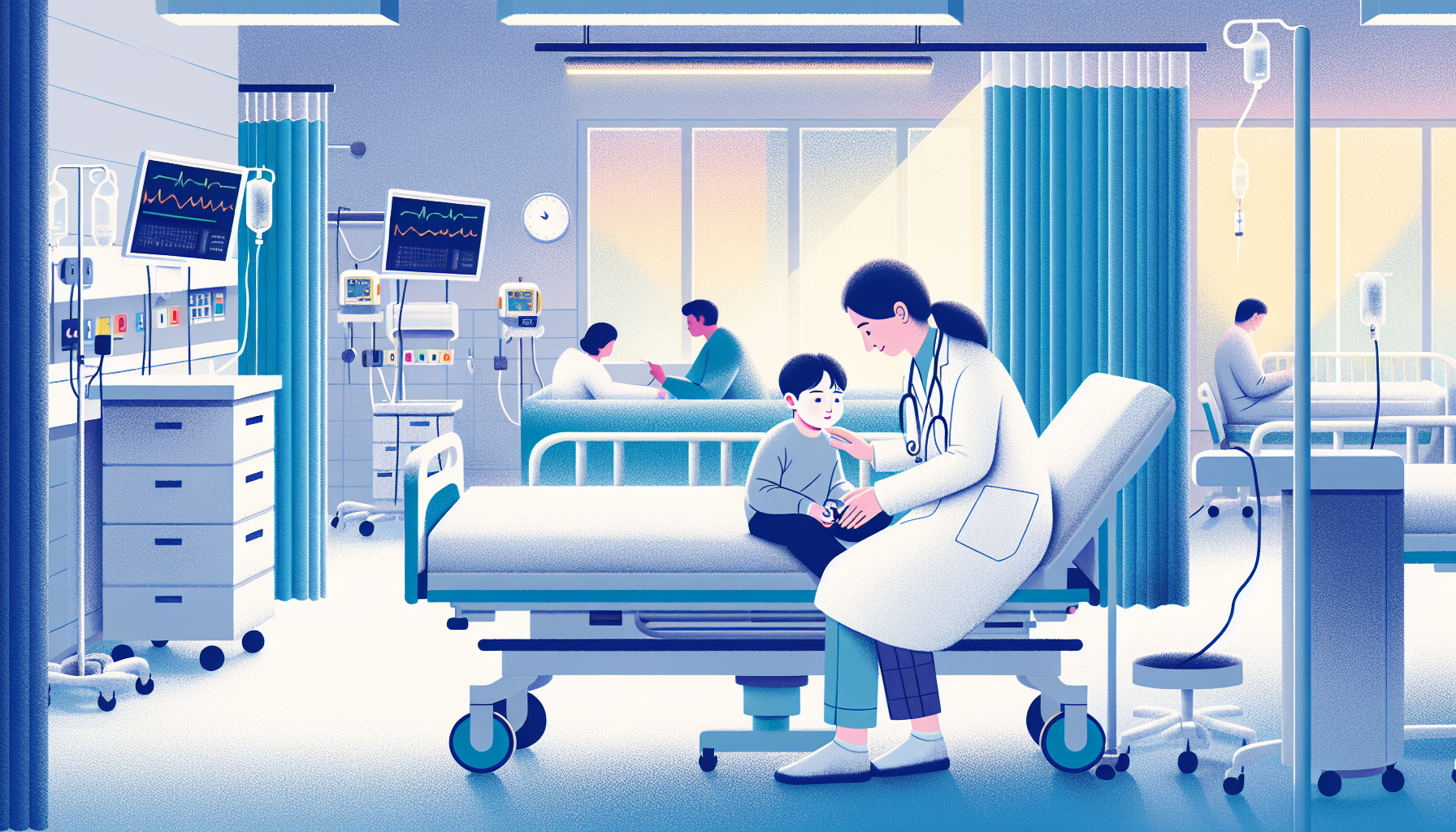 아이가 응급실에서 진찰을 받고 있는 모습의 이미지