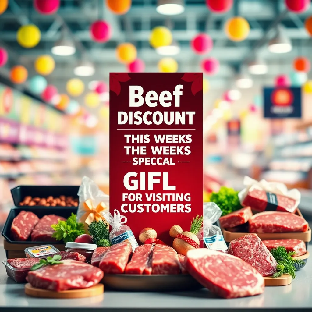 밝고 친근한 색감의 배경 위에 '한우 할인', '이번 주 특가', '방문 고객 사은품 증정' 등의 문구가 담긴 예쁜 POP가 매대 앞에 세워져 있습니다. 주변에는 다양한 한우 상품들이 함께 진열되어 있습니다.