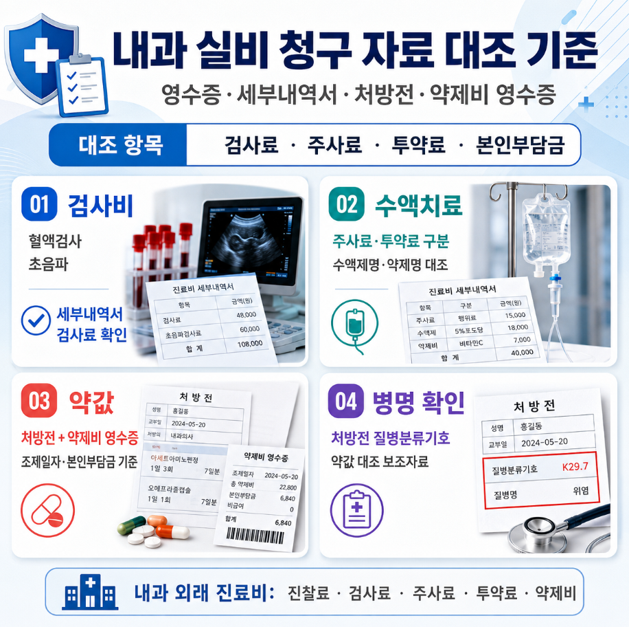 내과 실비 청구에서 영수증, 세부내역서, 처방전, 약제비 영수증을 기준으로 검사비와 약값을 대조하는 인포그래픽