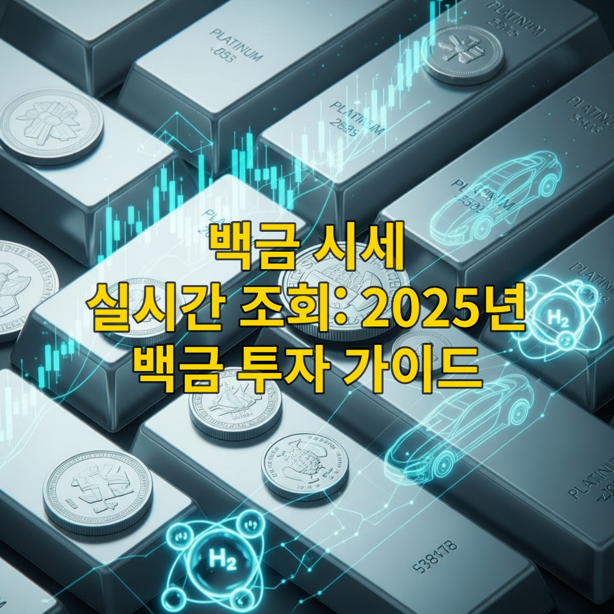 백금 바와 코인, 그리고 배경에는 디지털 주식 차트와 수소 연료전지 이미지가 어우러져 백금의 투자 및 산업적 가치를 상징하는 세련된 그림.