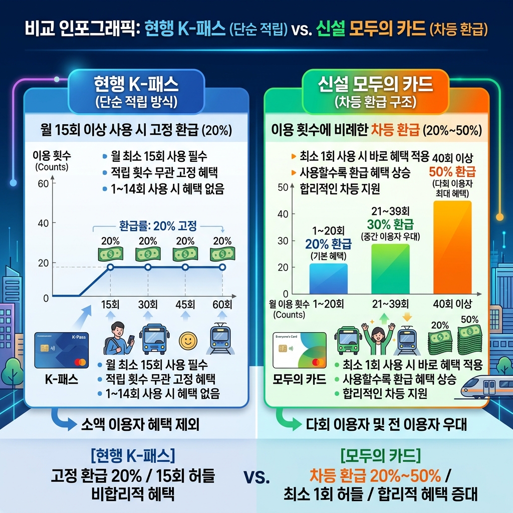 고정 환급율의 기존 K패스와 차등 보완책이 적용된 모두의카드 핵심 비교 구조