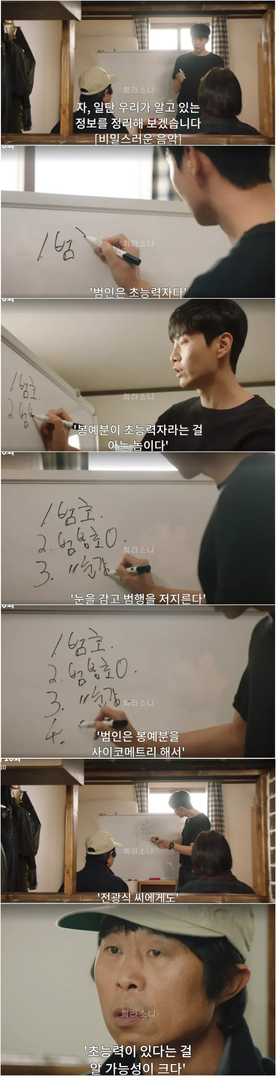 광식과 예분을 불러 현재까지 발견된 단서에 대해 화이트보드에 정리하는 장열.
