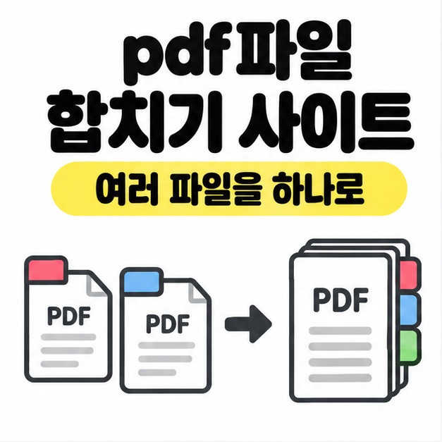 pdf파일 합치기 사이트 제목 아래 서로 다른 PDF 문서가 하나의 문서 묶음으로 합쳐지는 모습을 보여주는 이미지