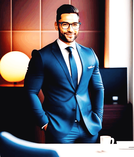 사무실 책상 앞에 선 파란 정장을 잘 차려입은 남자 CEO가 두 팔을 바지 주머니에 낀채 환한 미소를 지으며 정면을 응시한다.