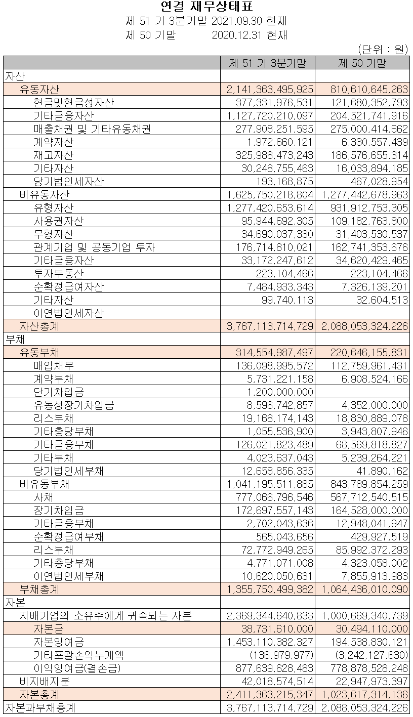 포스코케미칼 2021년 3분기 재무상태표