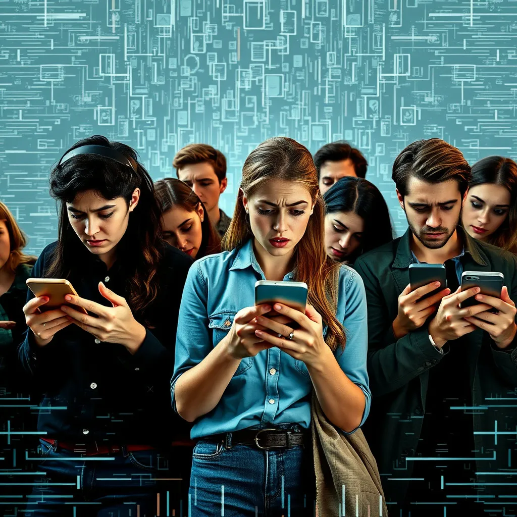 여러 명의 사람들이 각자 스마트폰을 들고 혼란스러워하거나 불안해하는 표정을 짓고 있습니다. 주변에는 전파 방해나 오류를 나타내는 지지직거리는 노이즈 효과가 삽입되어, 피해가 광범위하게 발생할 수 있음을 암시합니다.