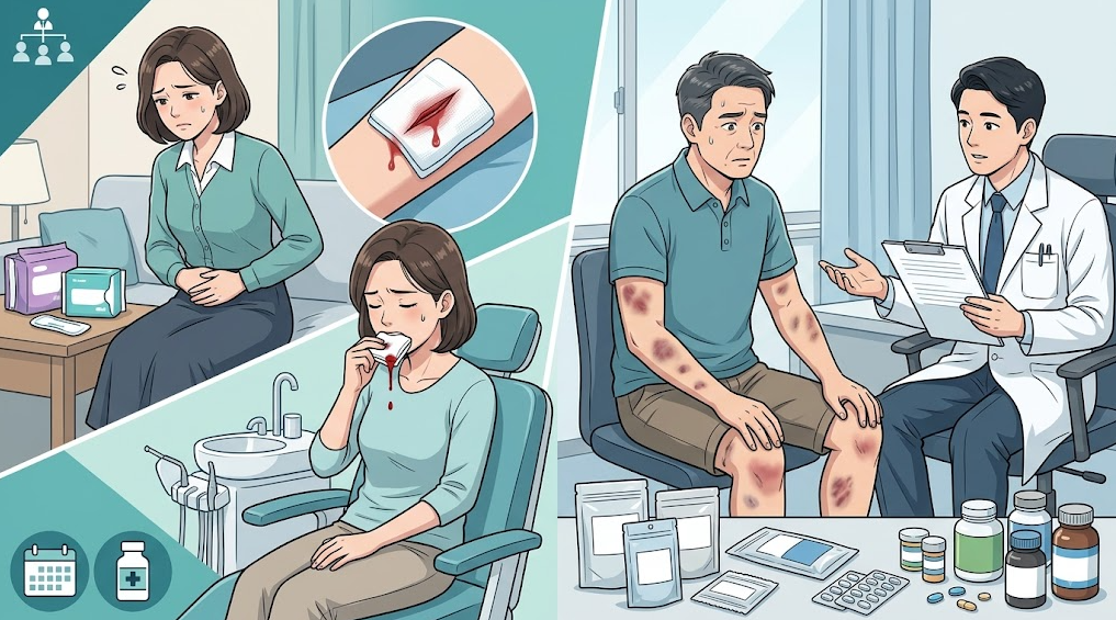 지속적인 출혈 병력(월경량 증가, 치과 시술 및 수술 후 출혈)과 최근 복용약 및 건강기능식품으로 인해 급격히 증가한 멍을 비교 설명하는 의료 일러스트