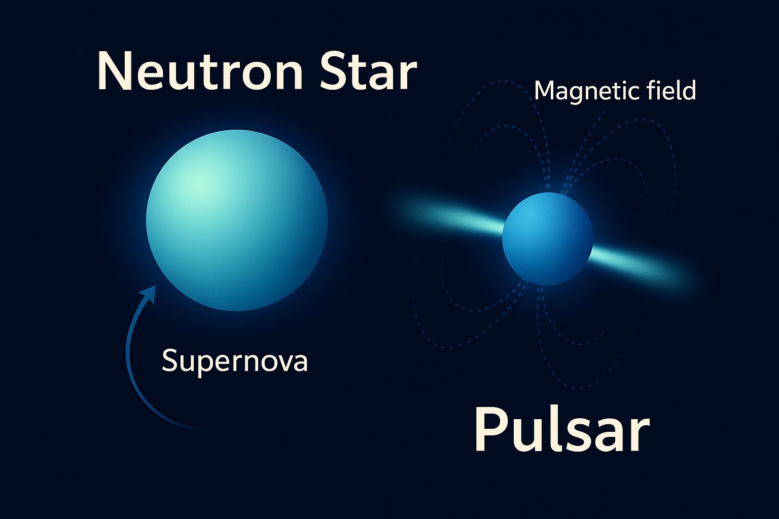 초신성 폭발로 형성된 중성자별과 강한 자기장을 가진 펄서의 구조를 설명하는 디지털 인포그래픽