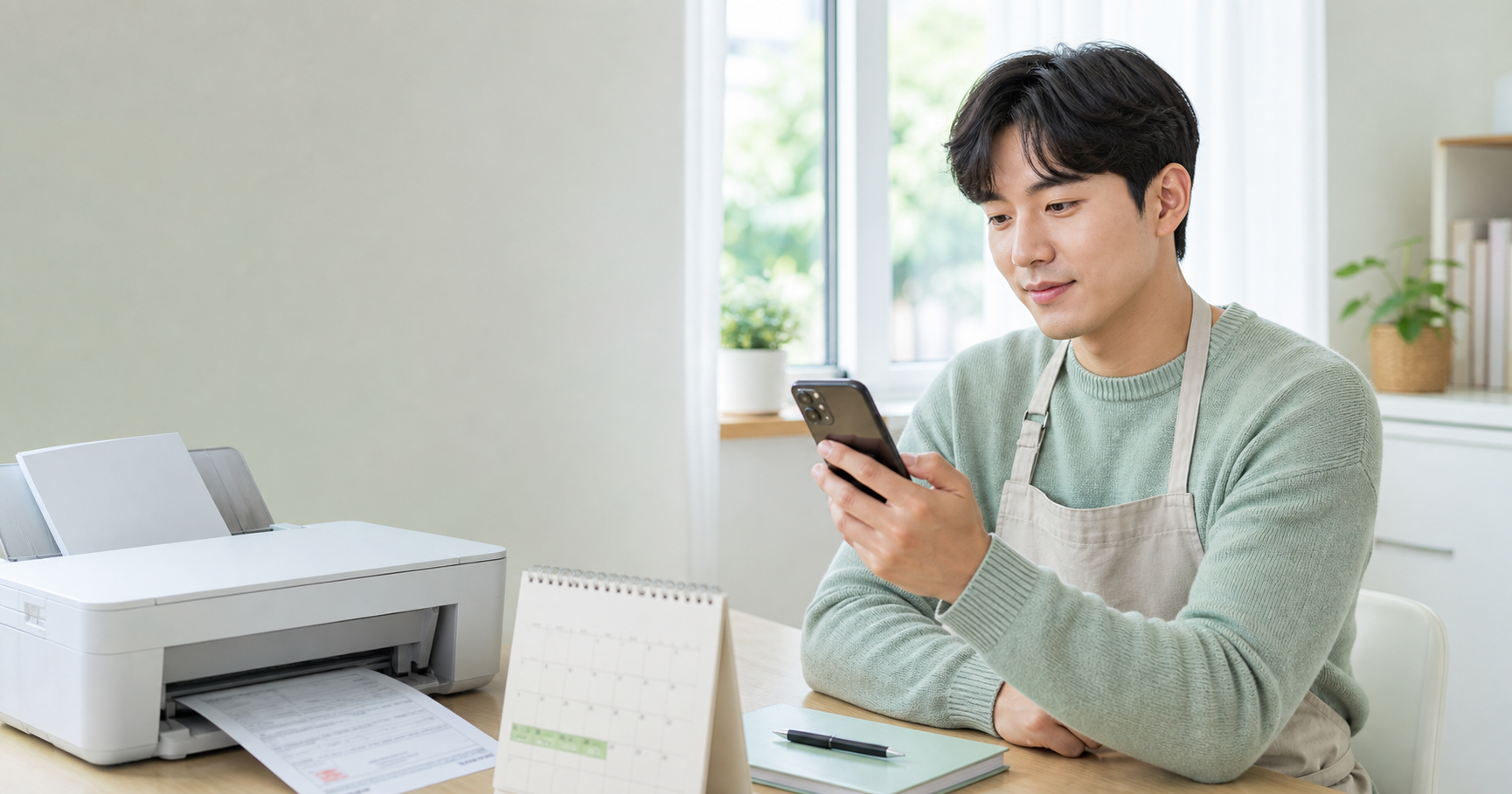 스마트폰으로 보건증 인터넷 발급을 확인하고 건강진단결과서를 출력하는 모습