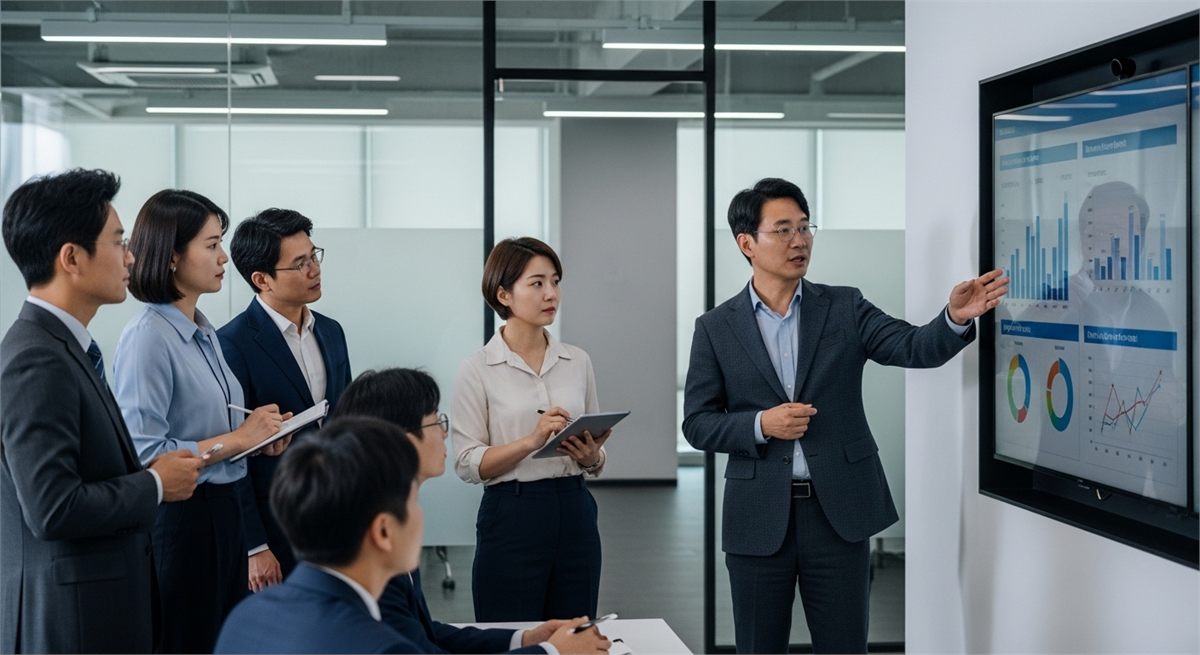방산 수출 흐름을 검토하는 한국인 분석가들의 회의 장면