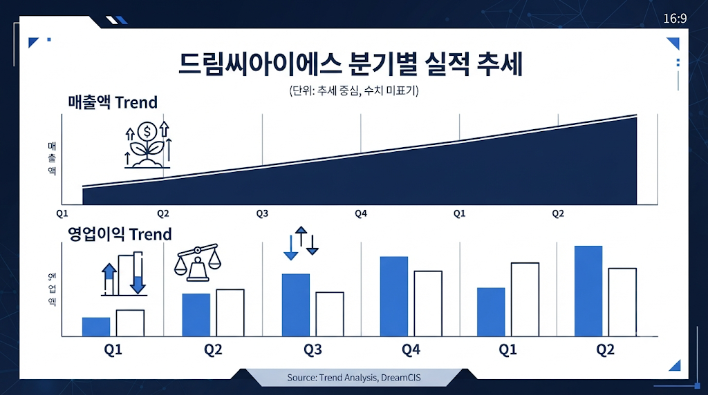 드림씨아이에스 최근 분기 매출과 영업이익 변동을 비교하는 재무 분석 그래프