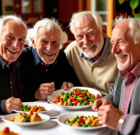 맛있는 음식을 즐겁게 먹고있는 할아버지 4명