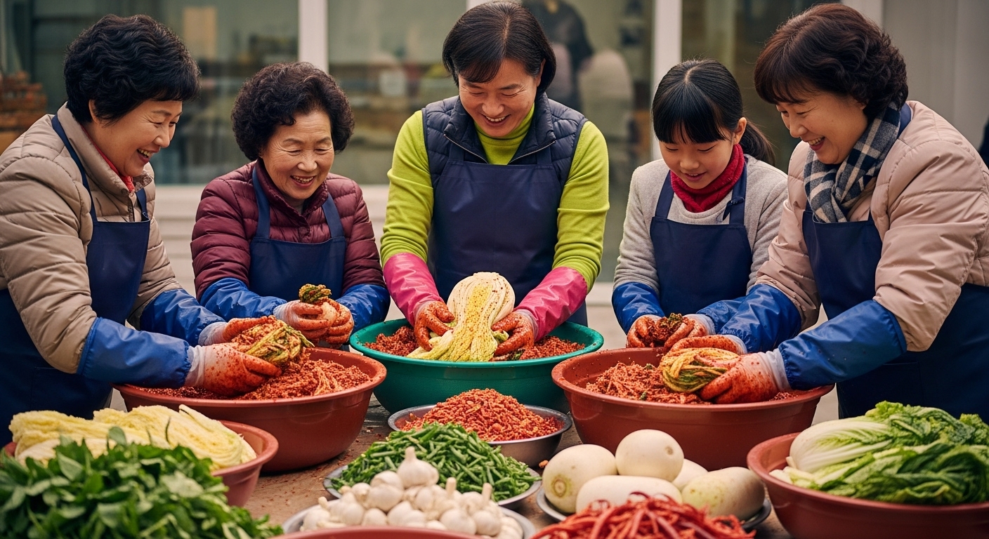 가족들이 모여 신선한 배추와 빨간 양념으로 김치를 담그는 전통적인 김장 풍경