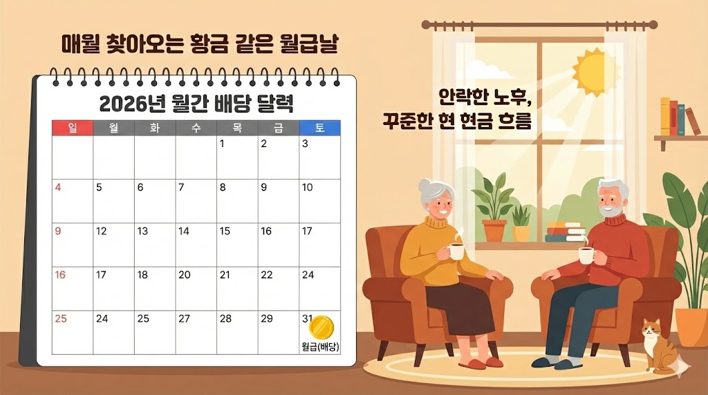 달력의 매달 마지막 칸마다 황금 동전이 하나씩 놓여 있고, 그 옆에서 흐뭇하게 웃고 있는 은퇴 투자자의 모습