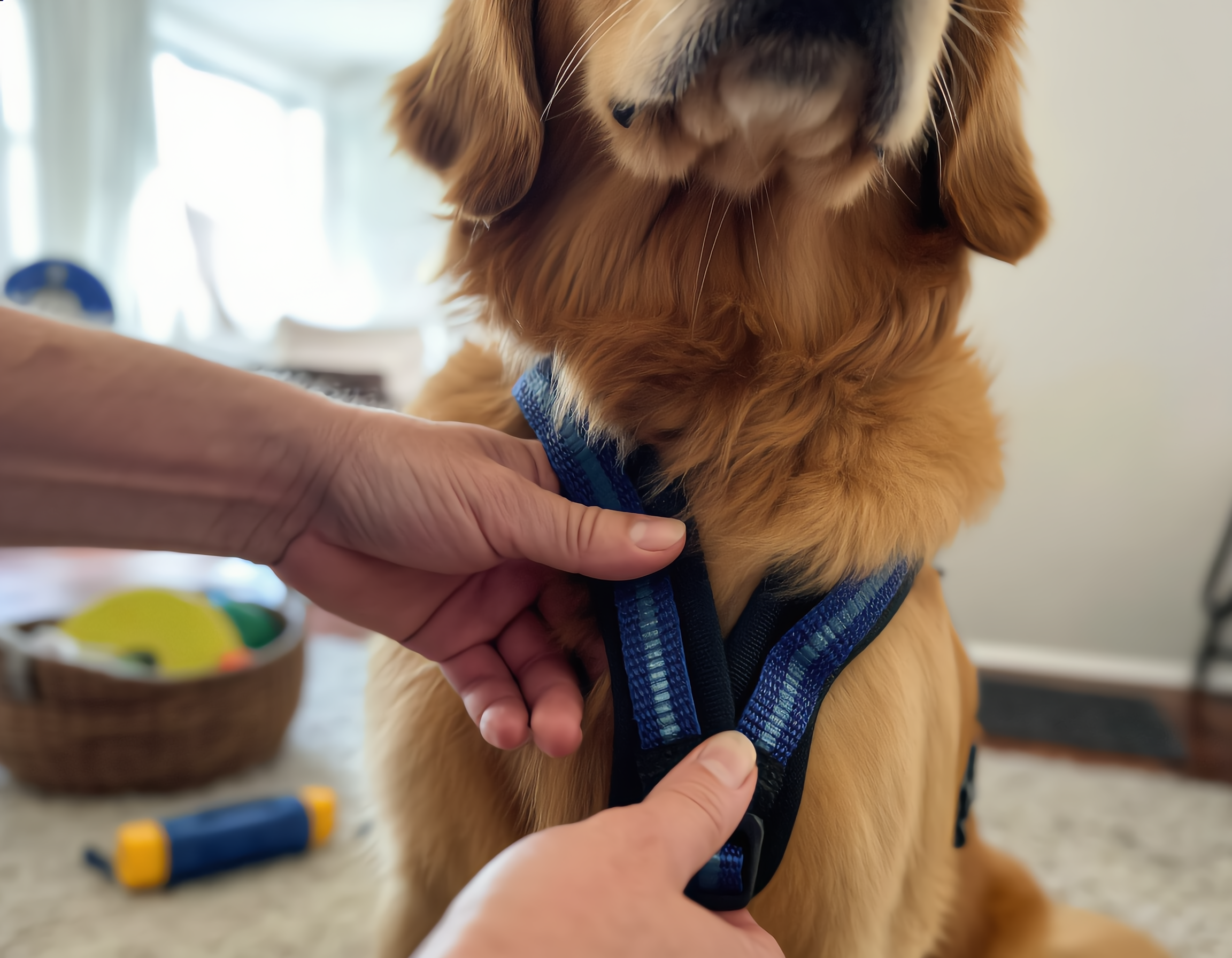 거실 카펫 위에 앉은 골든 리트리버의 가슴 부위를 집중 촬영한 사진. 보호자의 손이 네이비 블루 하네스 어깨 끈을 조정하며 가슴과 끈 사이에 검지와 중지를 수평으로 밀어 넣어 여유 공간을 확인하는 모습, 반사 스트라이프 디자인이 창문으로 들어오는 자연광에 반짝입니다. 배경 흐림 효과 처리된 장난감 바구니와 측정용 줄자가 놓인 테이블, 강아지의 차분한 표정과 부드러운 털결이 생생하게 재현된 고해상도 리얼리즘 스타일.