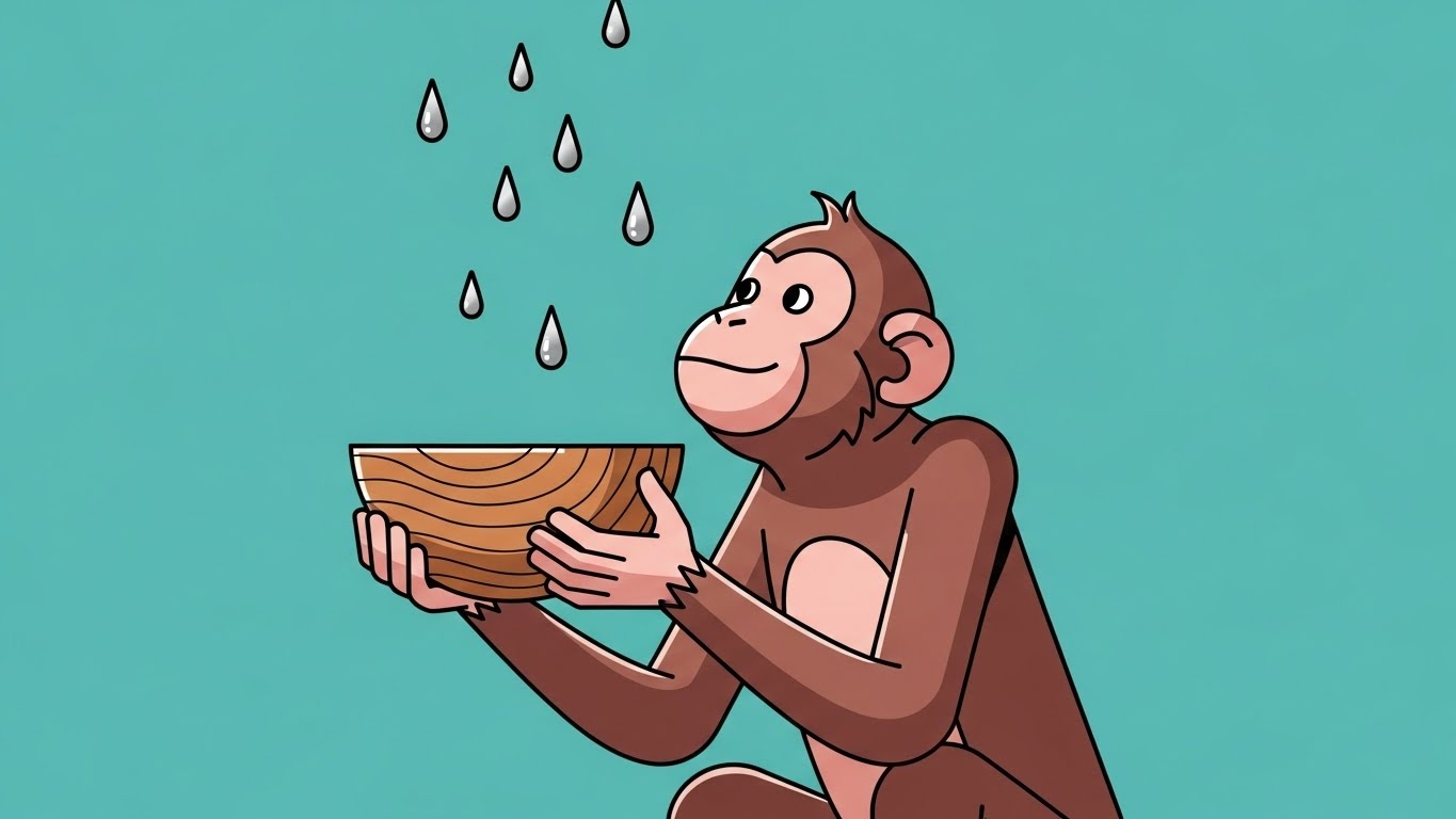은색 빗방울을 그릇으로 받으며 기회를 포착하는 영리한 원숭이 캐릭터의 2D 플랫 벡터 일러스트