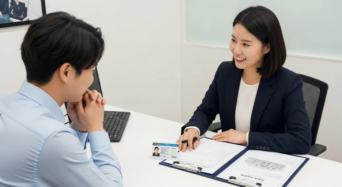 한 재외동포(F-4) 고객이 F-4 전문 대출상담사와 11 상담을 받으며 아파트 계약서와 거소증을 검토하는 모습