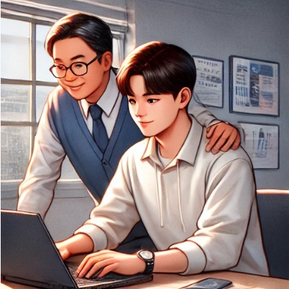 장학금을 인터넷으로 신청하고 있는 부자의 모습