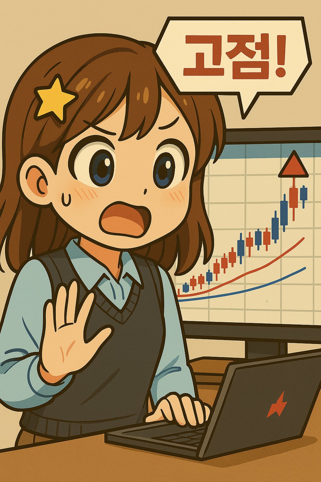 고점 주의 주식 차트를 보며 놀라는 헤롱이 캐릭터 일러스트