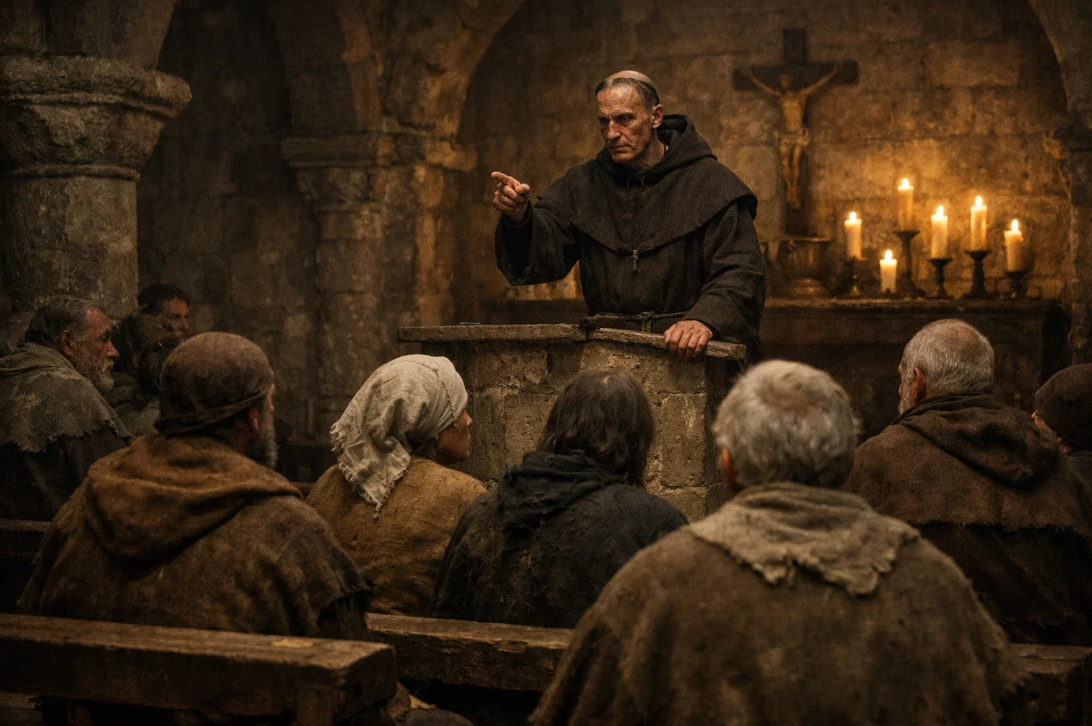 교회에서 설교를 통해 질병과 재난을 설명하는 중세 성직자의 모습