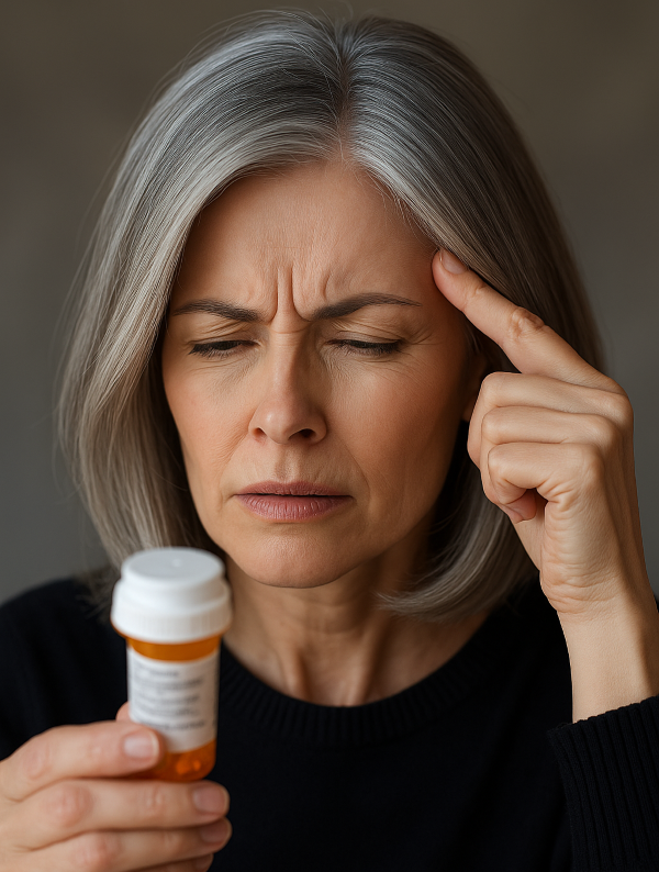 약통의 작은 글씨를 읽기 어려워하는 중년 여성, 눈을 찡그리며 노안을 겪는 모습