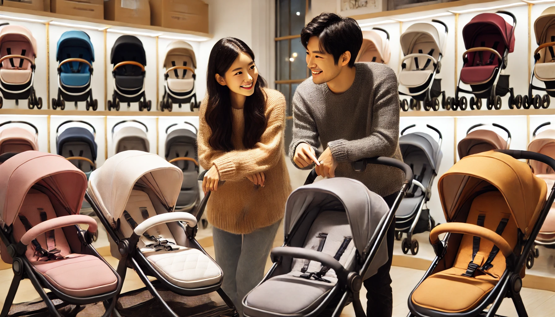 엄마아빠가 유모차를 고르는 모습