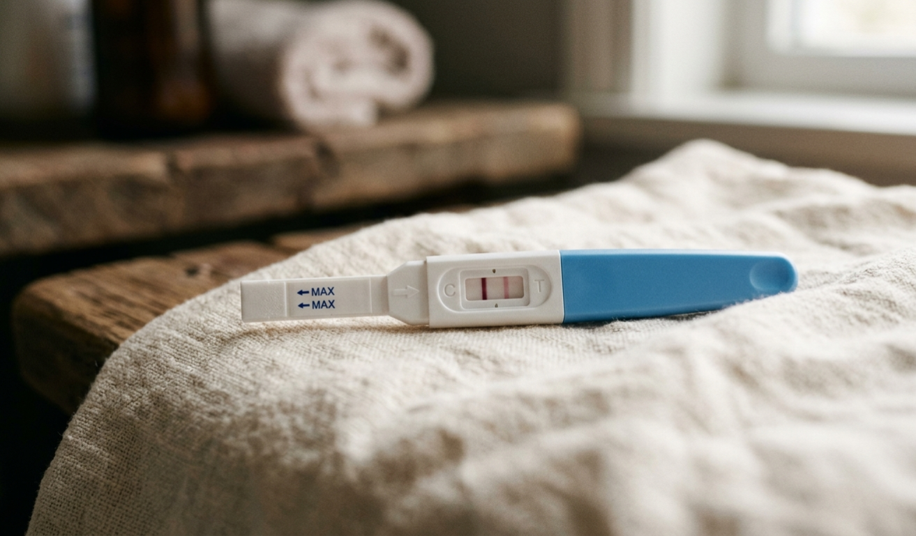 A faint positive result on an early pregnancy test with a noticeable second pink line on a textured linen surface (희미한 두 줄 임테기 양성 확인)