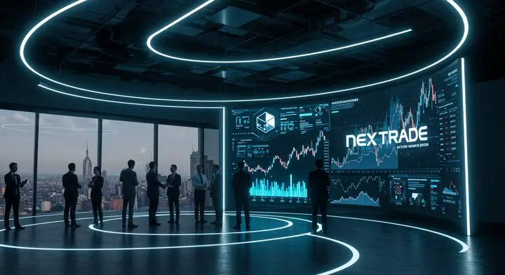 넥스트트레이드 트레이딩 플랫폼 출범 현장, 대형 스크린과 차트를 보는 사람들
