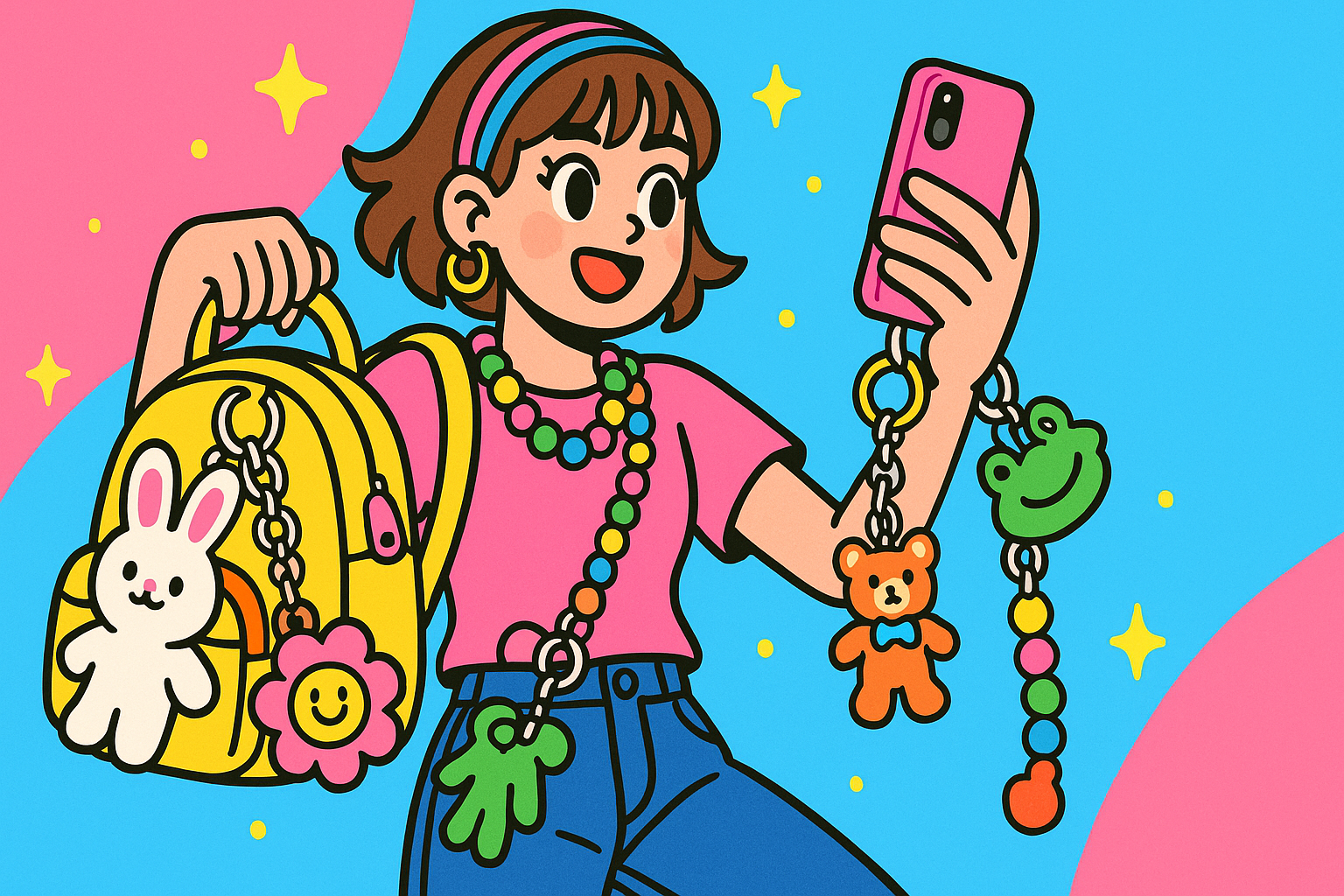 키링이 잔뜩 달린 소품을 들고 있는 소녀