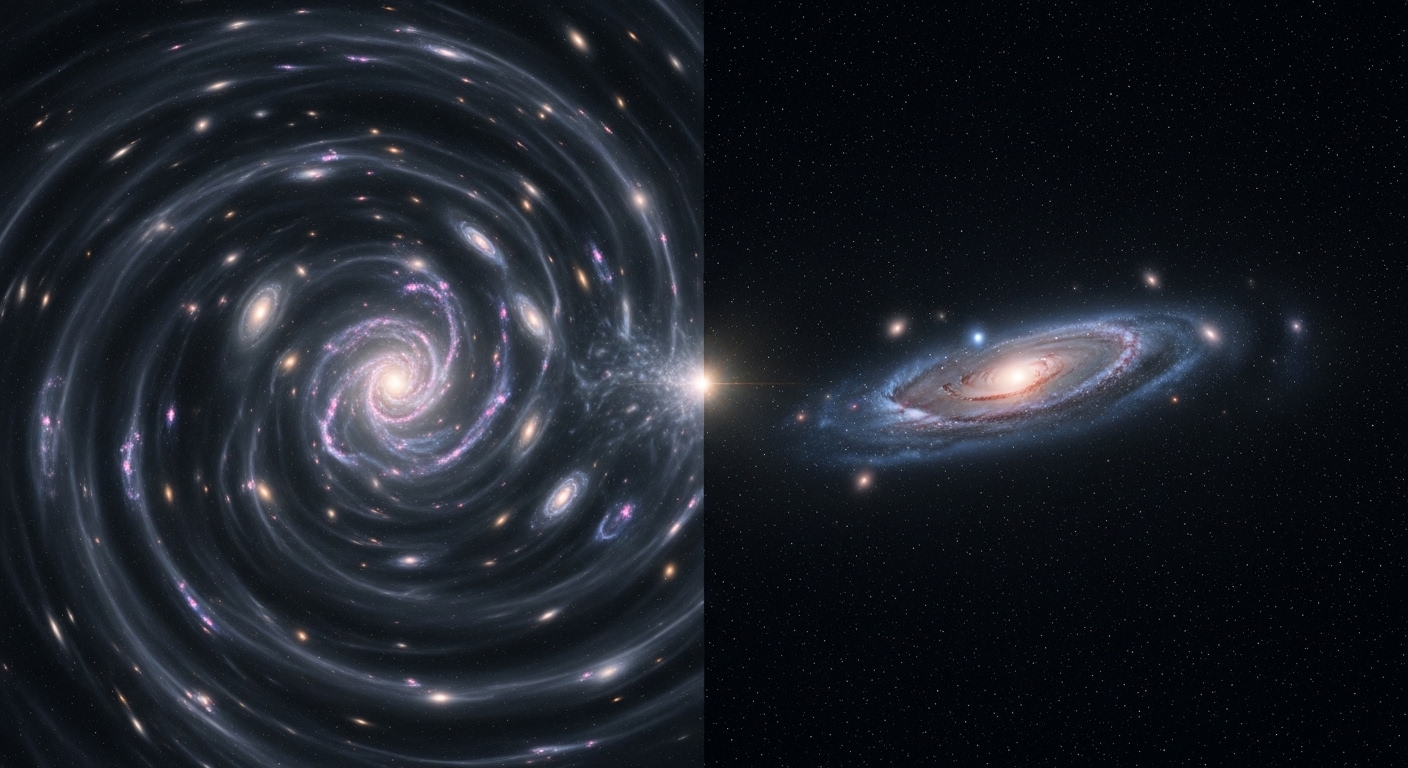 A visually split canvas. On the left side, a universe model where galaxies are visibly accelerating apart from each other, pushed by a swirling, dark, ethereal fog. On the right side, an identical universe model, but the dark fog is absent, and the galaxies are drifting apart at a steady, constant, or slowing rate. The contrast should be stark. Hyper-realistic, cosmic digital art.