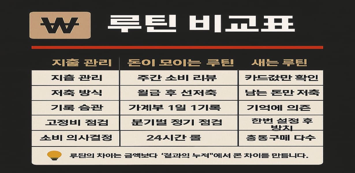 돈이 모이는 루틴과 새는 루틴을 비교한 인포그래픽 표