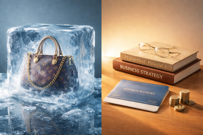 사치품 소비를 동결하고 미래를 위한 학습과 저축에 집중하는 모습.