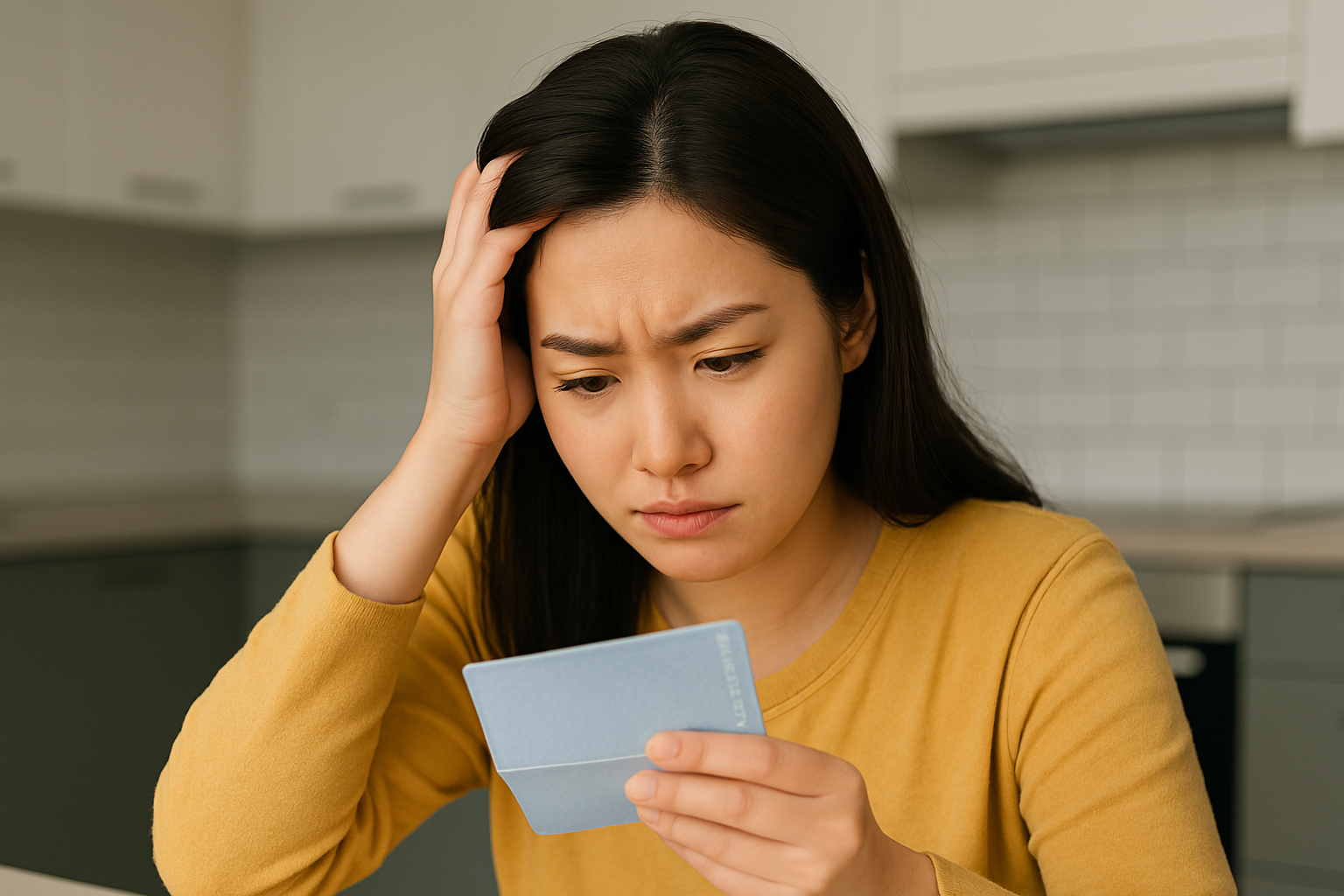 전체 계약 갱신 청구권을 행사한 뒤 중도 퇴거에 따른 위약금 부담을 앞두고 실물 통장을 바라보며 스트레스를 받는 여성의 현실적인 고민을 담은 이미지