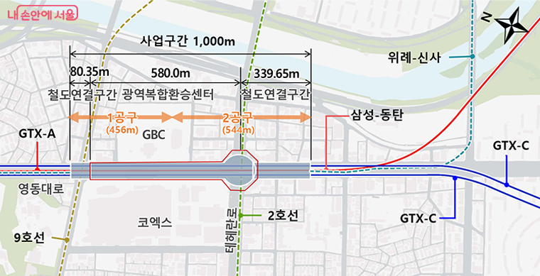 사업 위치도 및 전체노선. 건축·시스템 건설공사는 1, 2공구로 분할 / 출처: 서울특별시