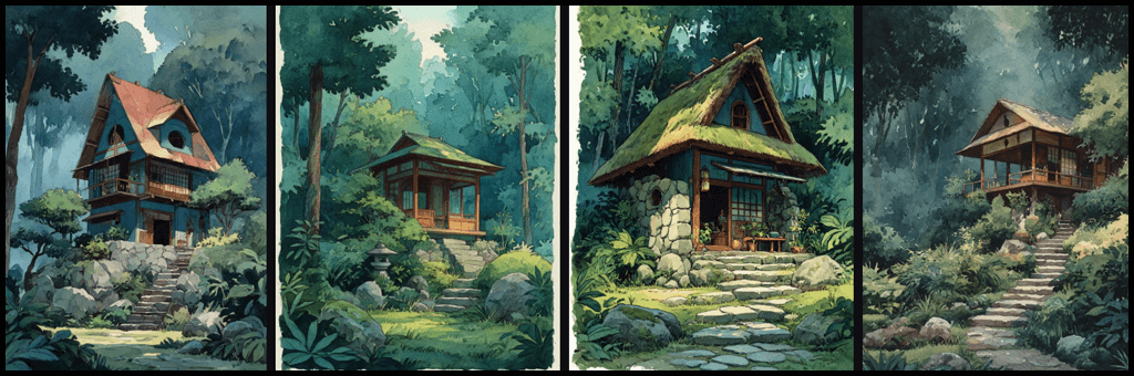 프롬프트 예시 3 숲 속의 평화로운 찻집 Midjourney