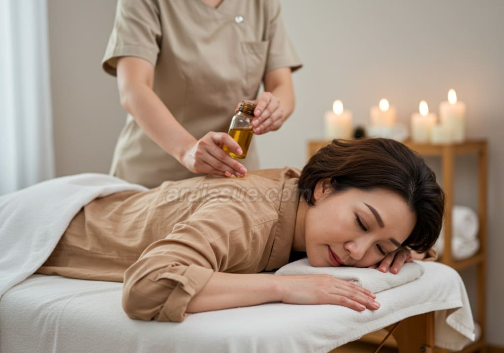 아로마 테라피 마사지를 받는 한국 중년 여성. 편안한 상태로 마사지 테이블에 누워 있고, 에센셜 오일이 적용되는 모습입니다.