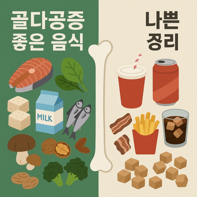 골다공증 예방에 좋은 음식 10가지와 뼈 건강에 나쁜 음식 8가지를 정리한 대표 이미지