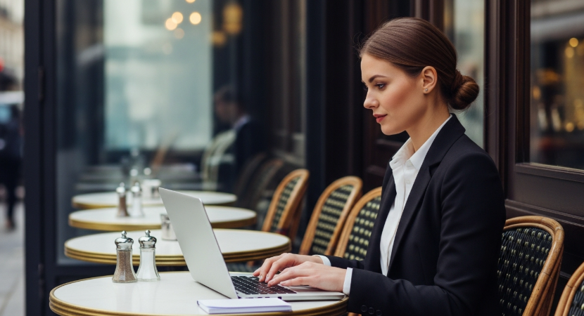 파리의 카페에서 일하는 커리어 우먼